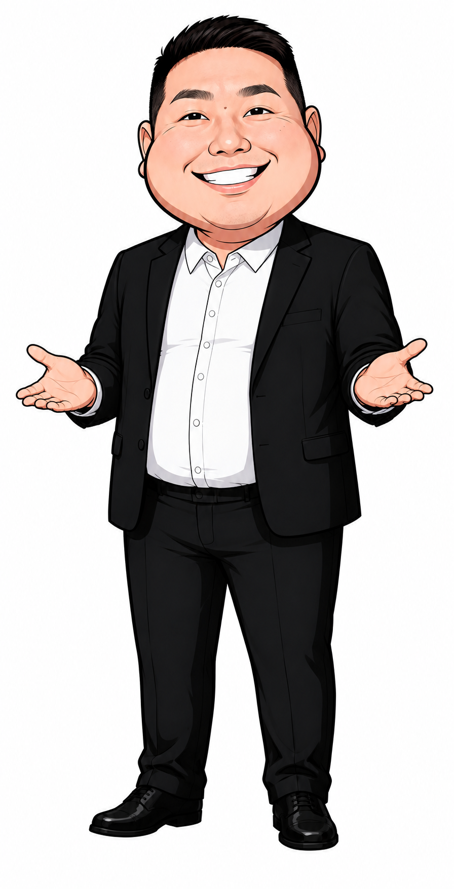 酷恩本人正式保留的卡通 IP，身穿黑色西装、白衬衫，微笑着张开双手